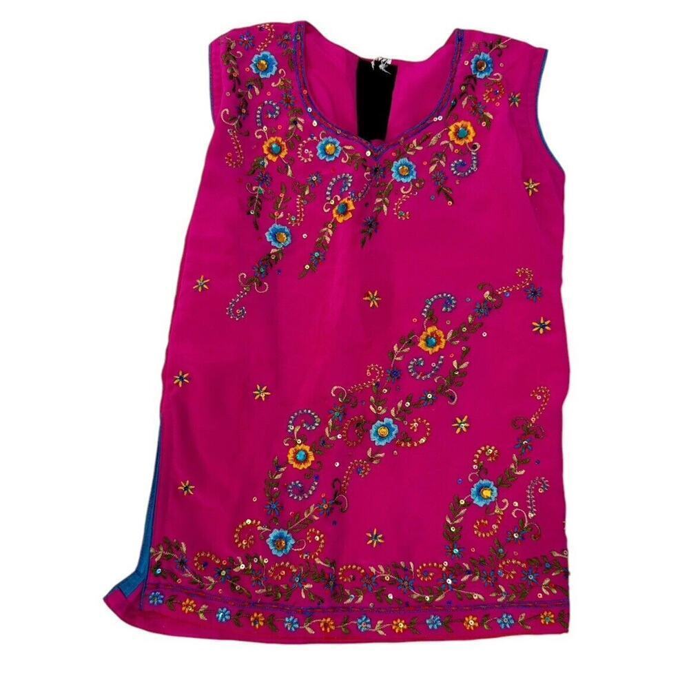 Indian Rhinestone Embroidered Silky Pink Kurta Blouse Pants Set Kids Size 22 2T - Picture 2 of 9